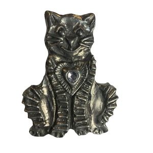 CHICOS Silver Tone‎ Cat Broach Womens Pin Kitten Clear Round Rhinestone Feline